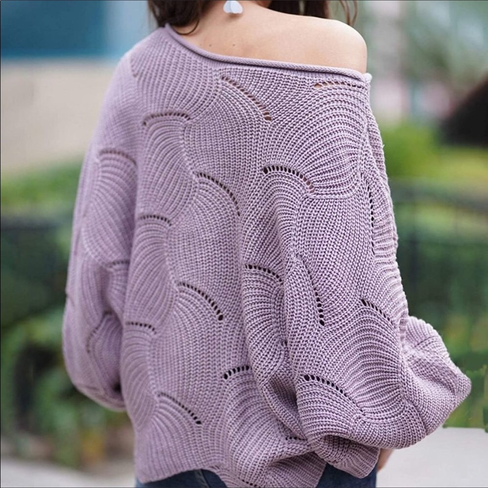 NEW Purple Oversized Scallop Crochet Knit Sweater - Picture 10 of 11
